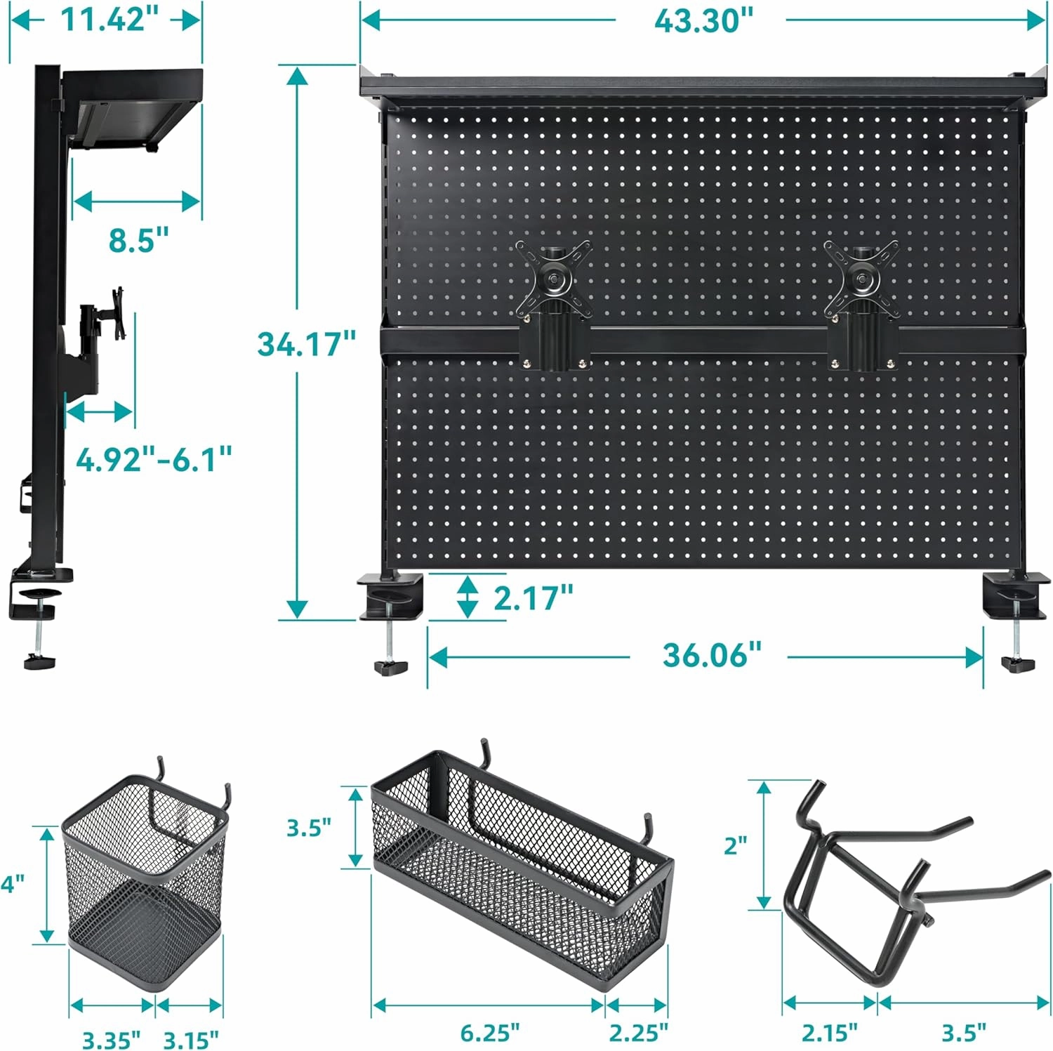 EUREKA ERGONOMIC Pegboard with Dual Monitor Stand,Steel Pegboard for Desk,Computer Accessories for Office, Privacy Panel for Gaming Desk, 4 Accessories Modular Hanging,43 x 34inch, Black