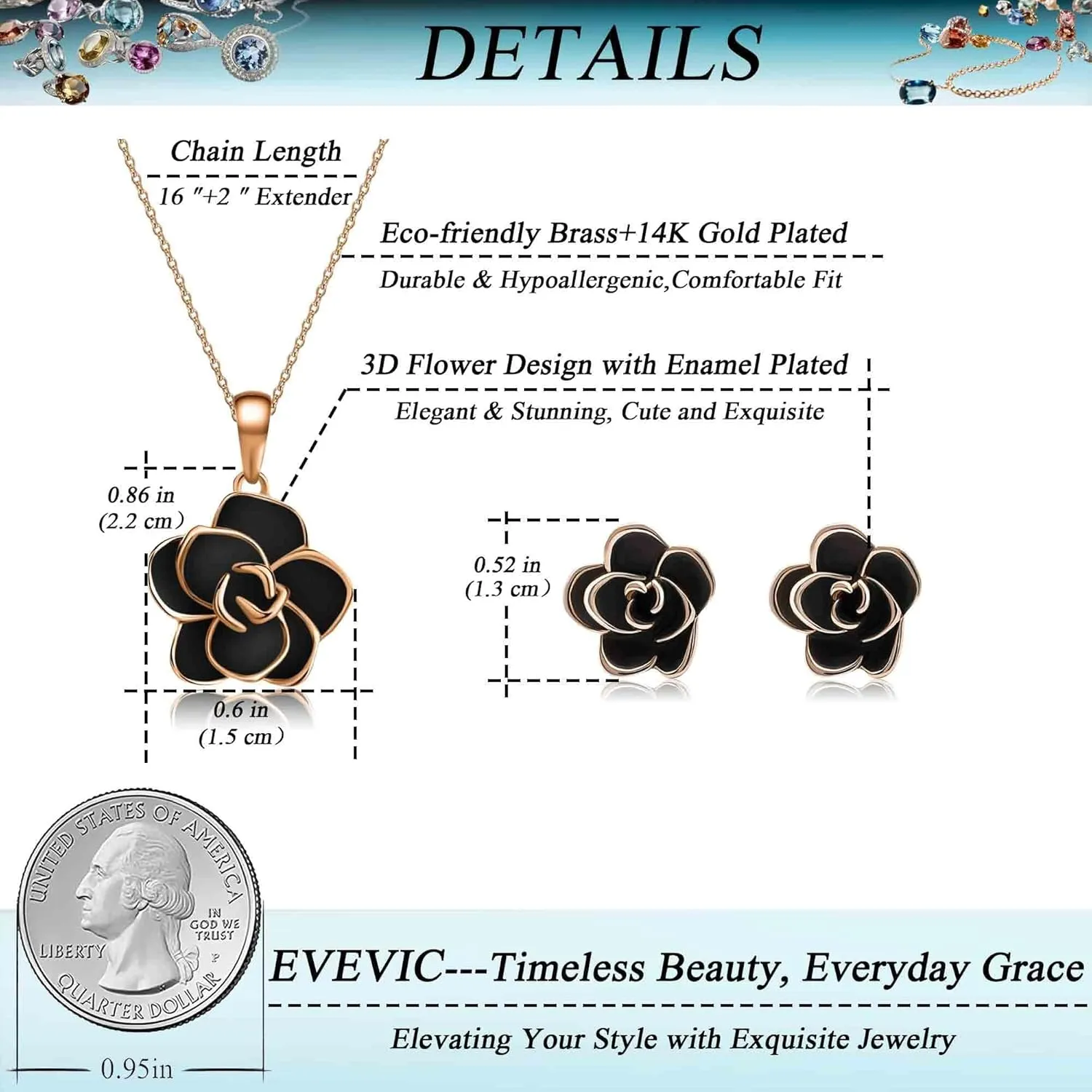 EVEVIC Rose Flower Necklace Earrings Set for Women 18K Gold Plated Hypoallergenic Jewelry Sets