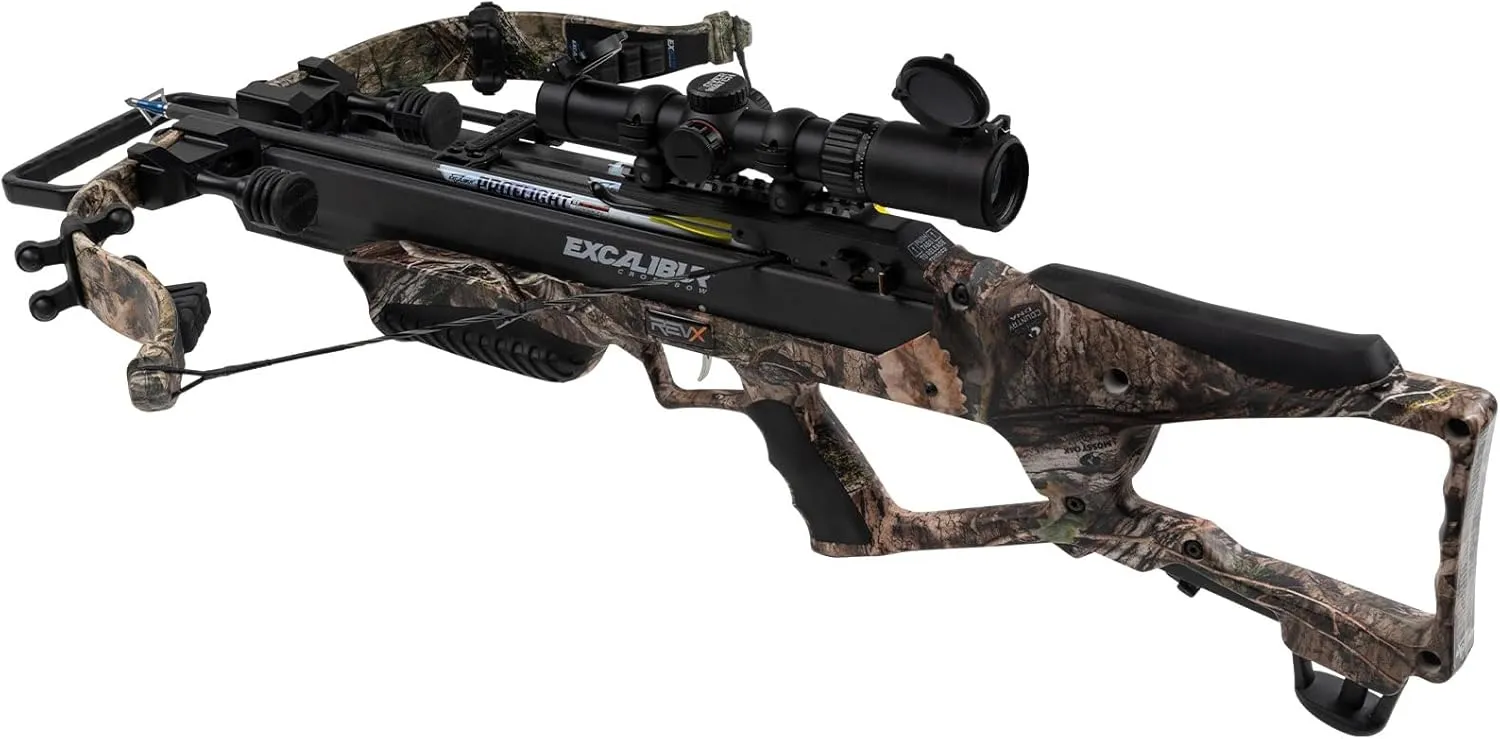 Excalibur REV X Accurate Lightweight Quiet CeaseFire Archery Hunting Crossbow - Scope, Scope Rings, 4 Proflight Arrows with 100Gr Field Points, Rebolts Quiver Included
