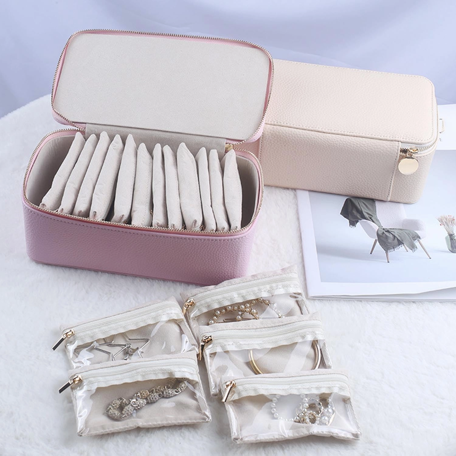 Familiarn Travel Jewelry Box with Small Pouches, Large Capacity Waterproof Jewelry Organizer Case with 12 Removable Pouches for Travel and Daily Use (White)