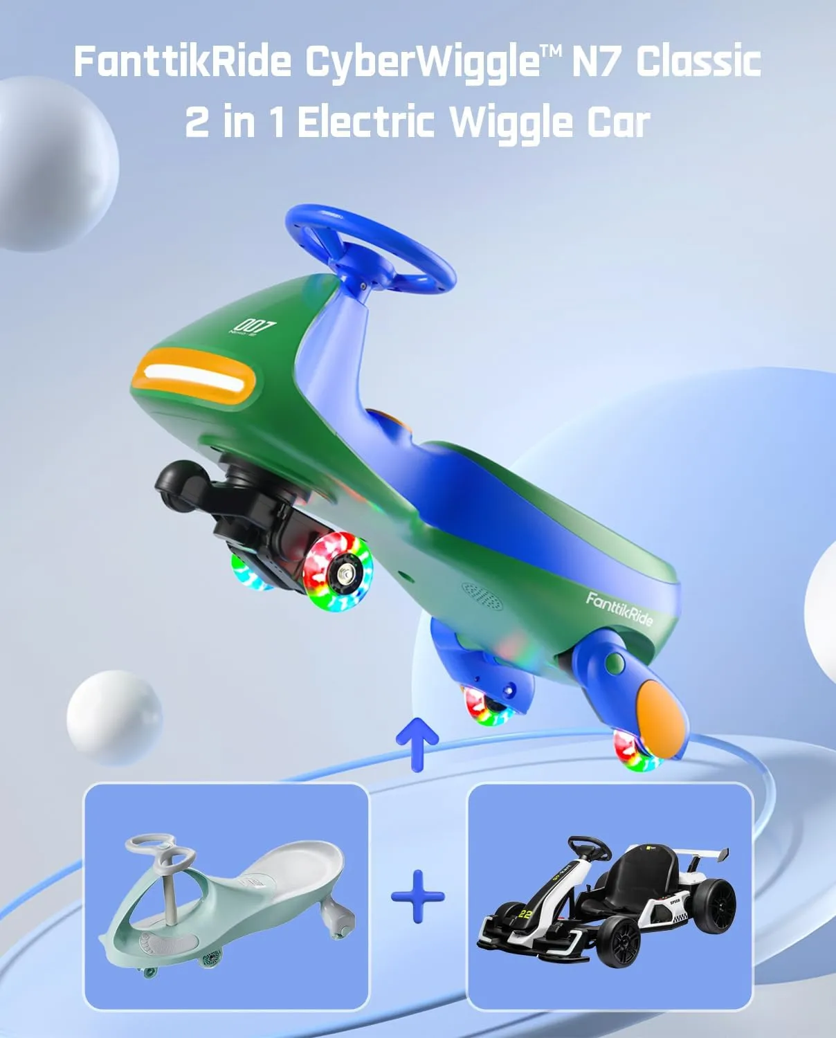 FanttikRide 6V N7 Classic Electric Wiggle Car with Pedal, Rechargeable Battery, CyberWiggle, 2 in 1 Swing Car, 2 Speed, Anti-Rollover, Flashing Wheels, Bluetooth, for Ages 3 and Up, 150 Lbs, Green