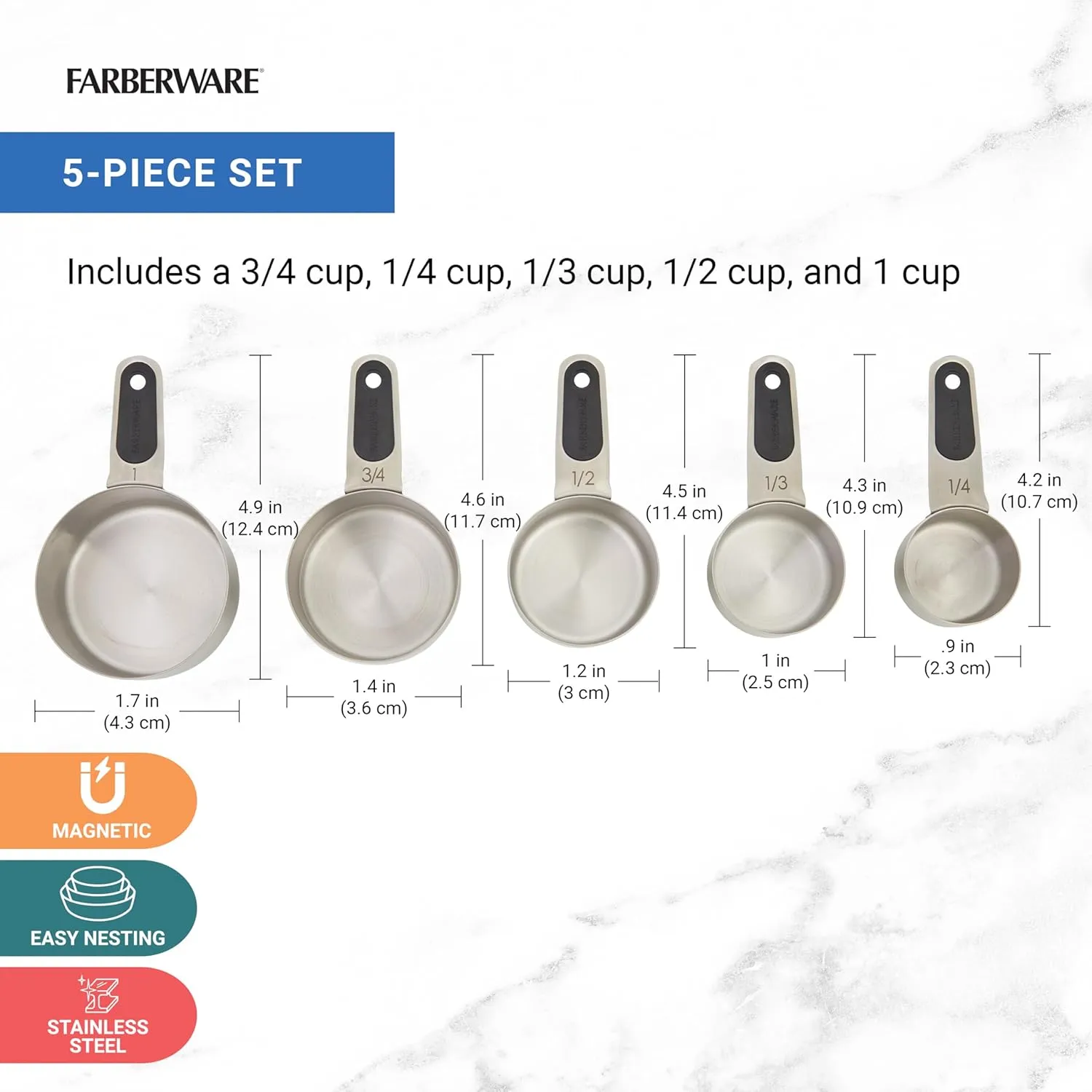 Farberware Professional Set of 5 Stainless Steel Measuring Cups, Precision and Ease in Every Scoop, Features Magnetic Handles for Easy Storage, Dishwasher Safe