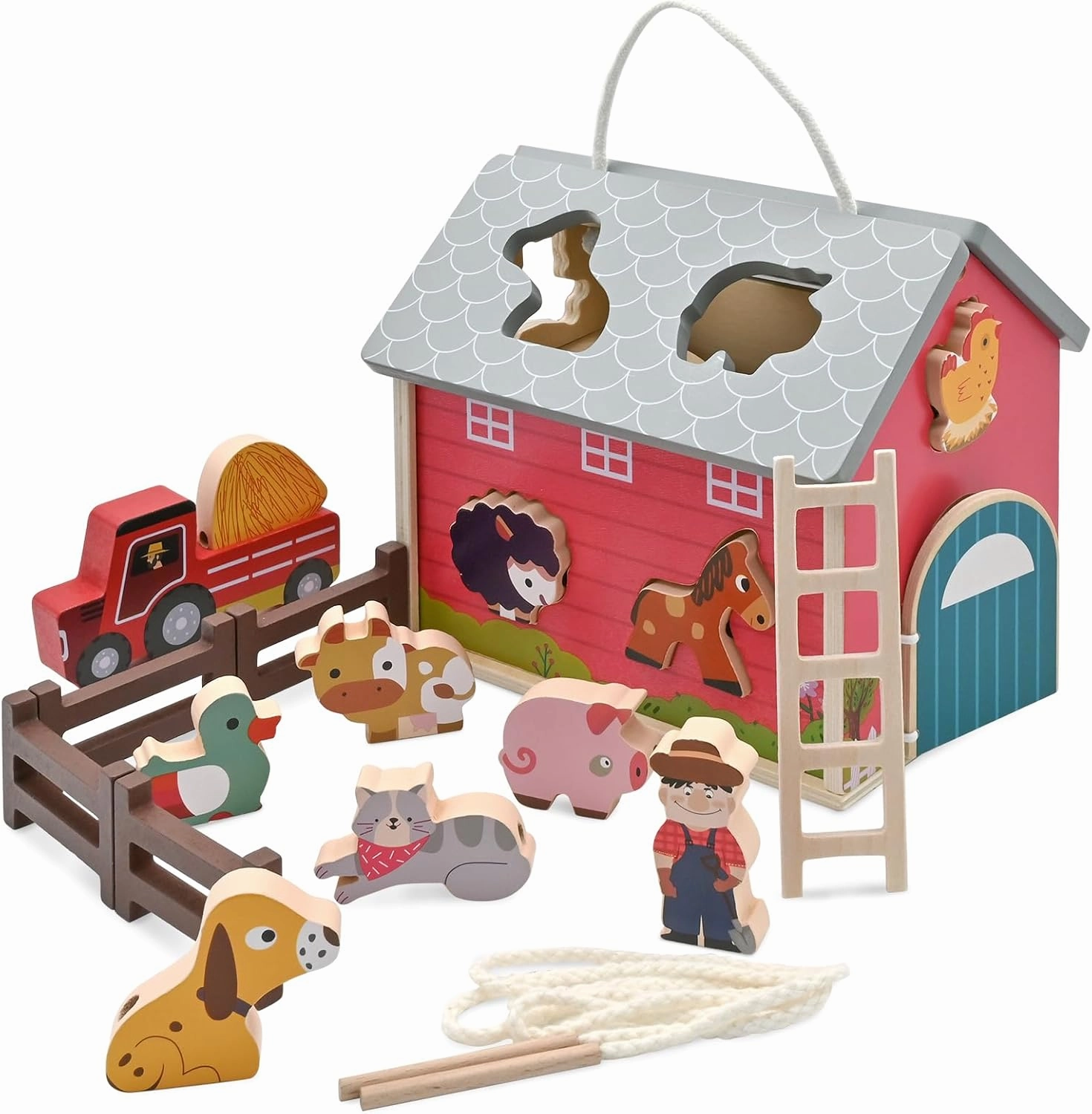 Farm Animal Toys with Large Wooden Barn for Toddlers, Montessori Educational Toy for Kids Ages 3 , Portable Barn Playset with Farmer and Animals for Boys and Girls