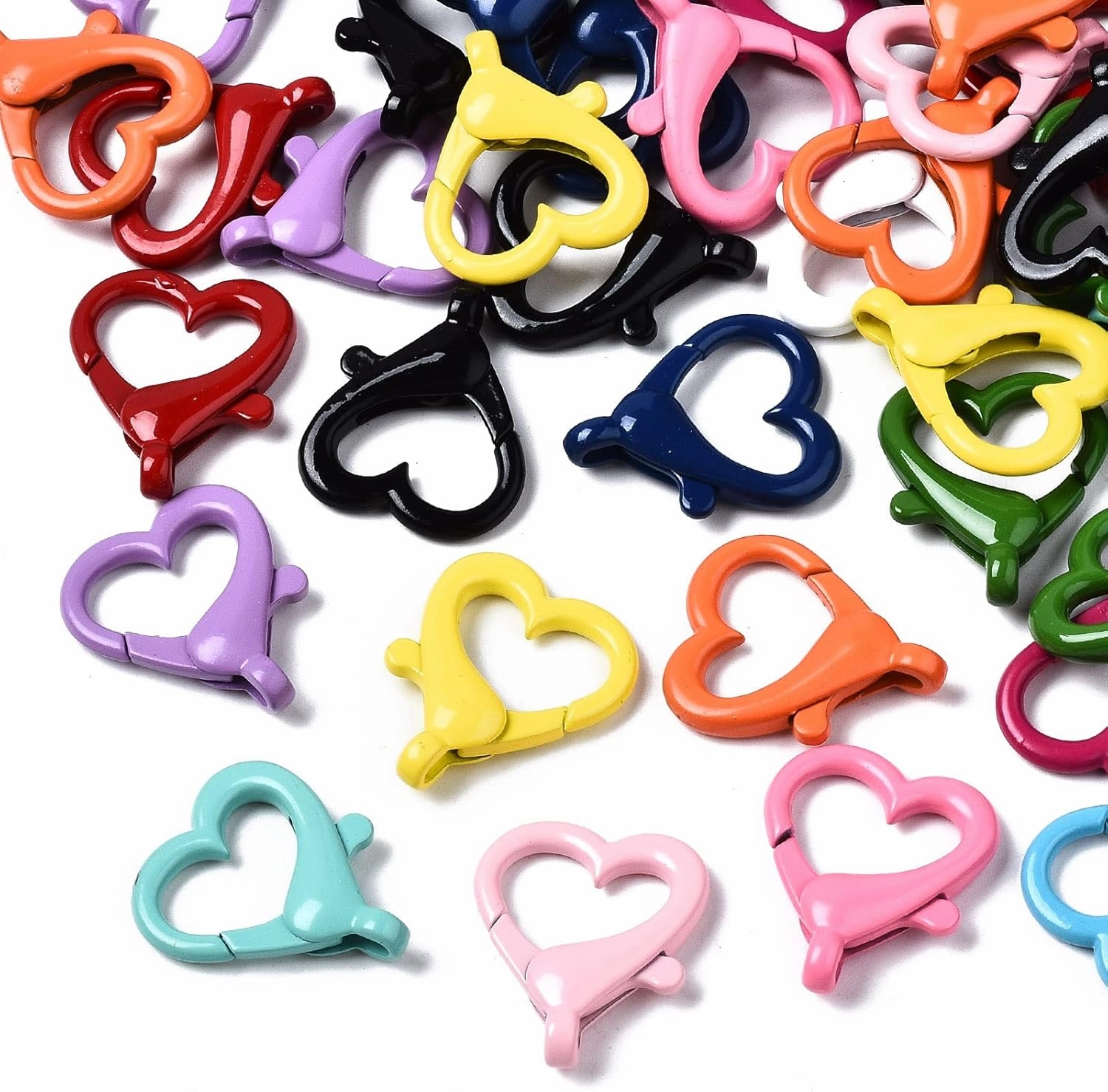 FASHEWELRY 200Pcs Alloy Lobster Claw Clasps Metal Heart Shape Snap Clasps Rings Mixed Color Spray Painted Eco-Friendly Trigger Buckles for DIY Crafts Jewelry Making, 26x22x5.5mm