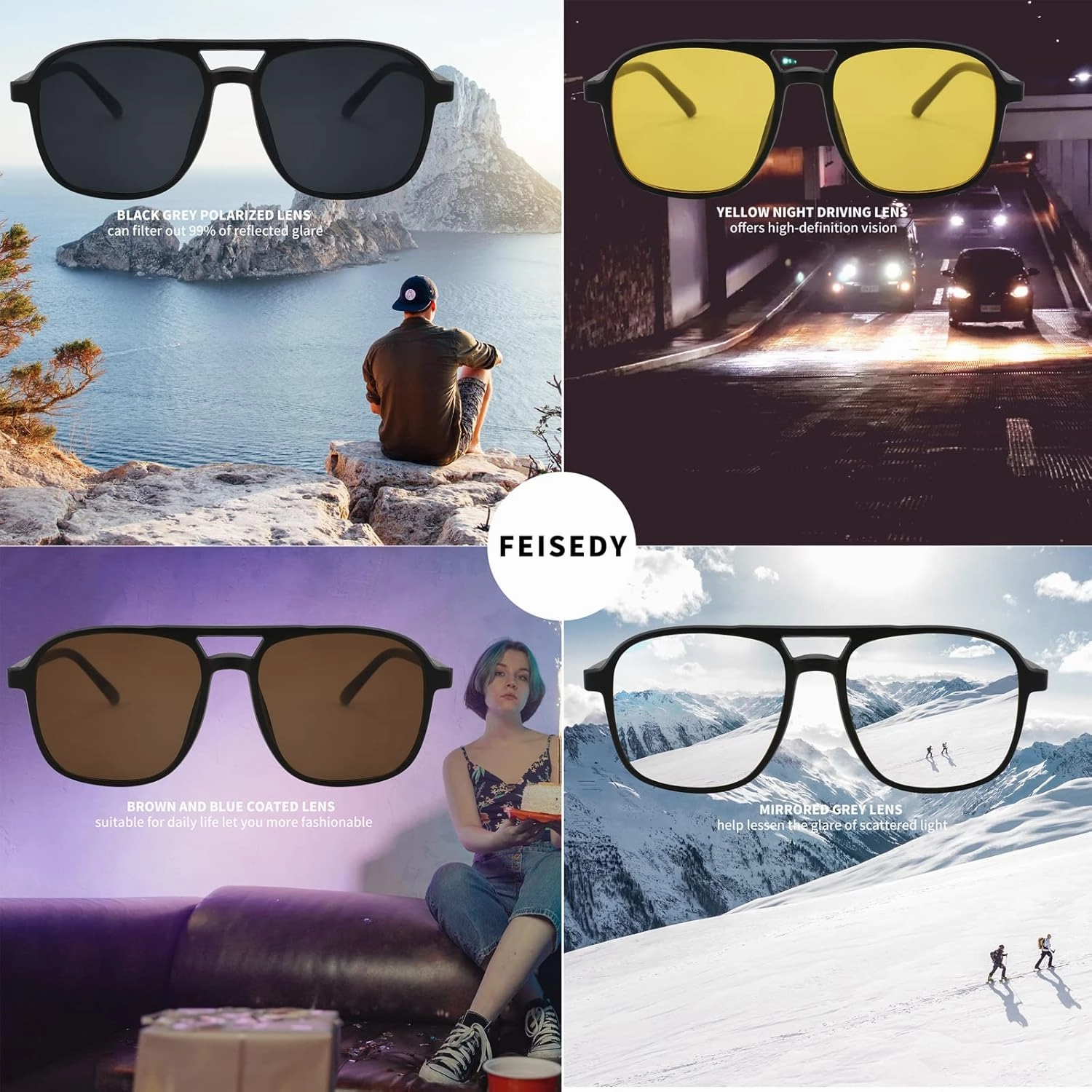 FEISEDY Magnetic Clip on Sunglasses TR90 Frame TAC 5pcs Replacement Lens Set Sunglasses for Men Women B2884