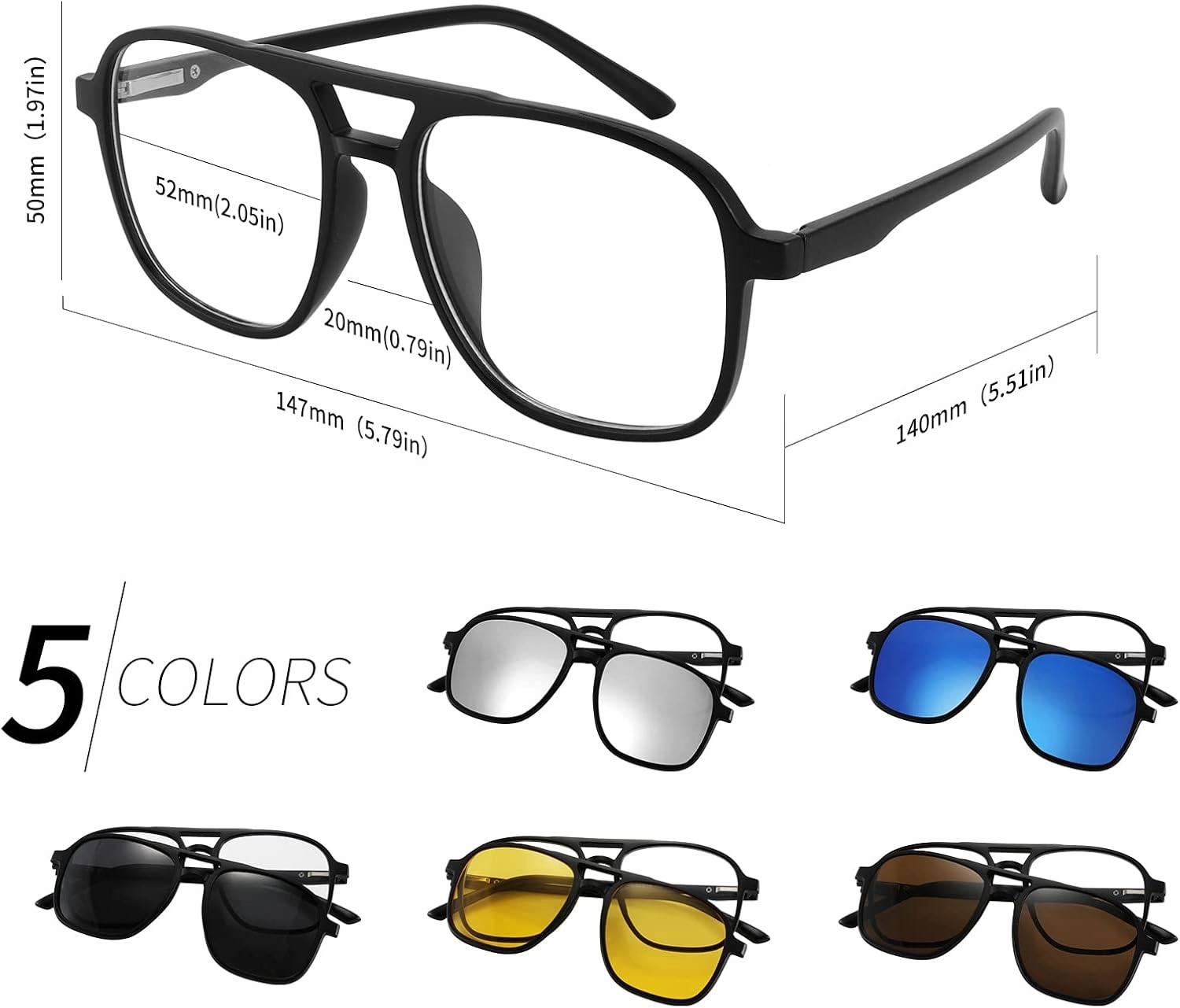 FEISEDY Magnetic Clip on Sunglasses TR90 Frame TAC 5pcs Replacement Lens Set Sunglasses for Men Women B2884