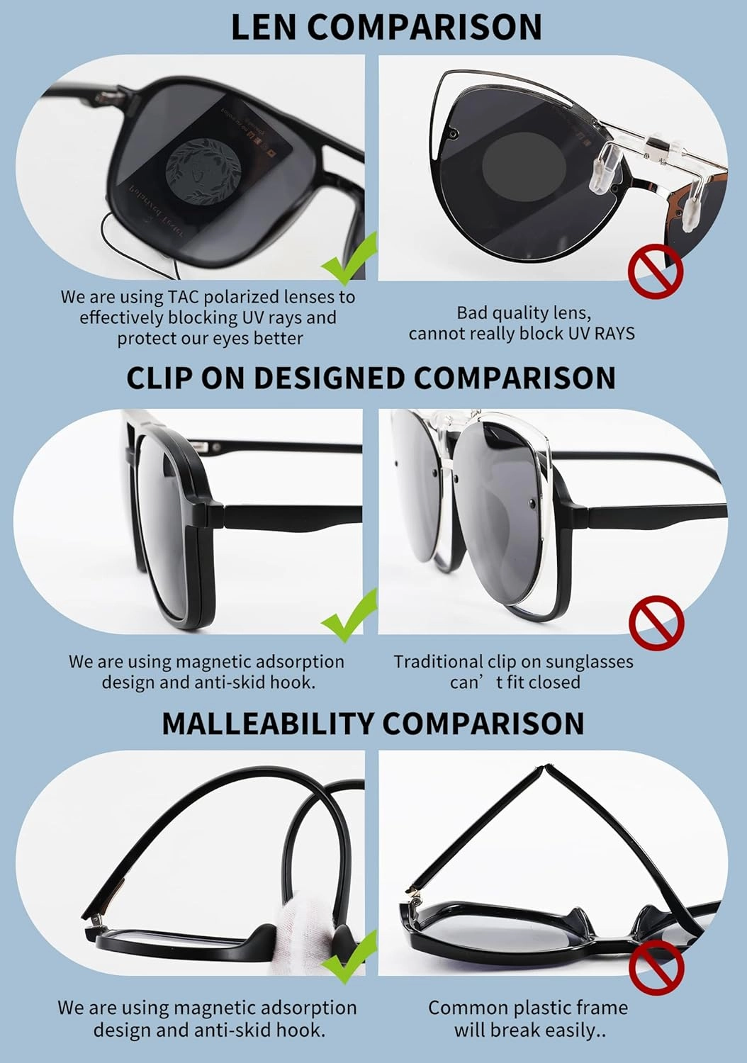 FEISEDY Magnetic Clip on Sunglasses TR90 Frame TAC 5pcs Replacement Lens Set Sunglasses for Men Women B2884