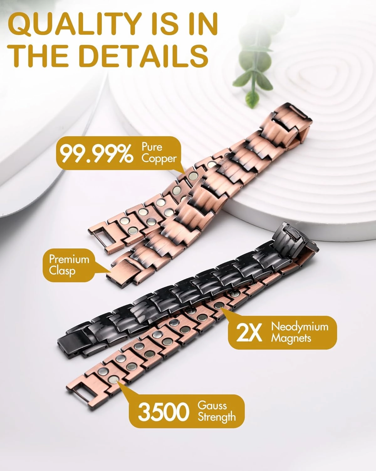 Feraco Men's Copper Magnetic Bracelet Elegant 99.99% Solid Copper Bracelets with Double-Row Strong Magnets,Magnetic Jewelry