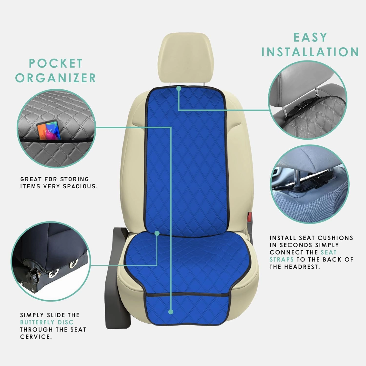 FH Group Car Seat Cushion Front Set Blue Neosupreme Automotive Seat Cushions - Universal Fit, Car Seat Cushion With Front Pockets, Airbag Compatible Car Seat Cushions for SUV, Sedan, Van