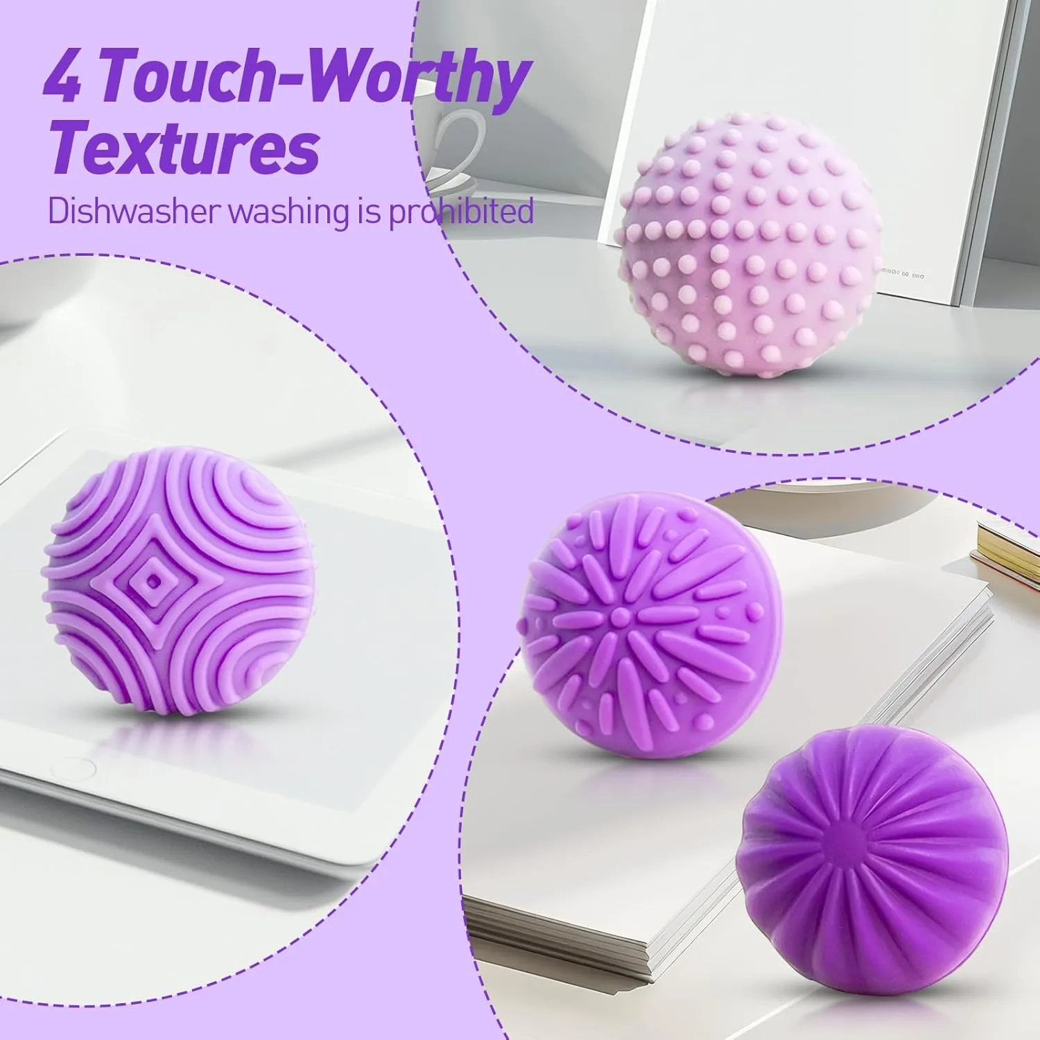 Fidget Toys Magnetic Stress Balls for Adults Teens- 8pcs Silicone Stress Relief Sensory Toy | Roller Finger Toy for Office Decoration, Gift | 4 Fun Textures Large Magnet with Organizer Box (Lavender)