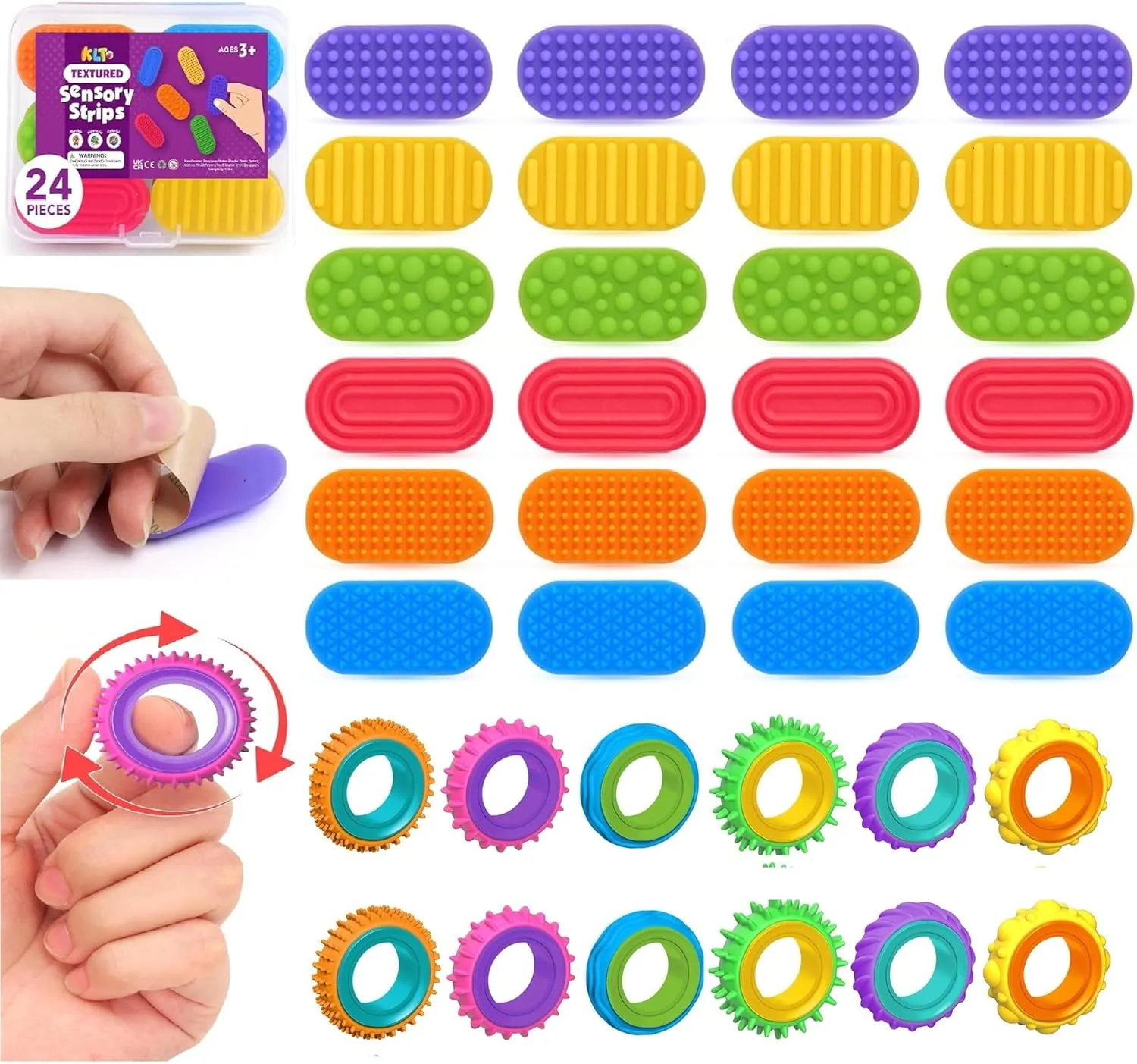 Fidget Toys Sensory Rings for Kids 12pcs & Sensory Strips 24pcs Textured Sensory Stickers
