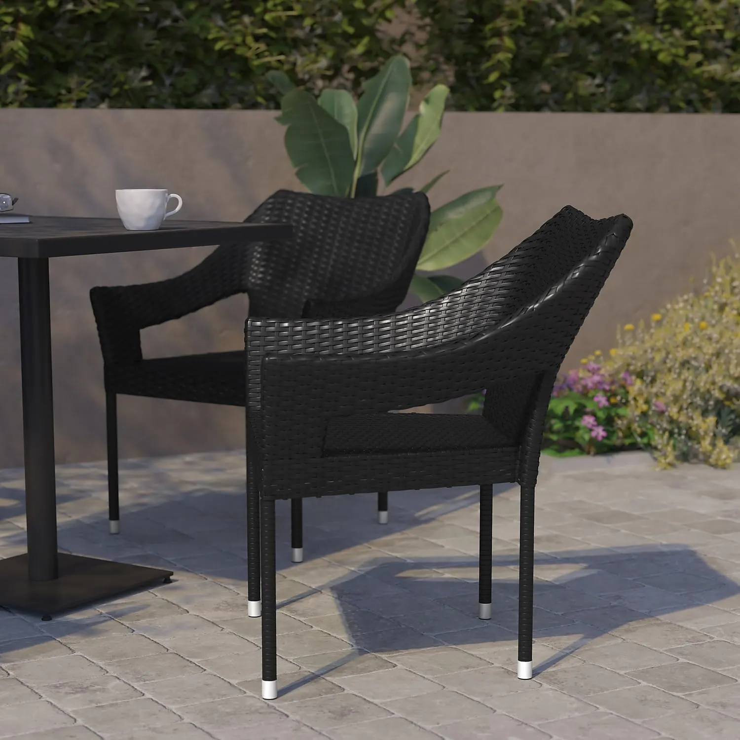 Flash Furniture Ethan Commercial Grade Patio Chair, All Weather PE Rattan Wicker Stacking Patio Dining Chair, Set of 2, Black