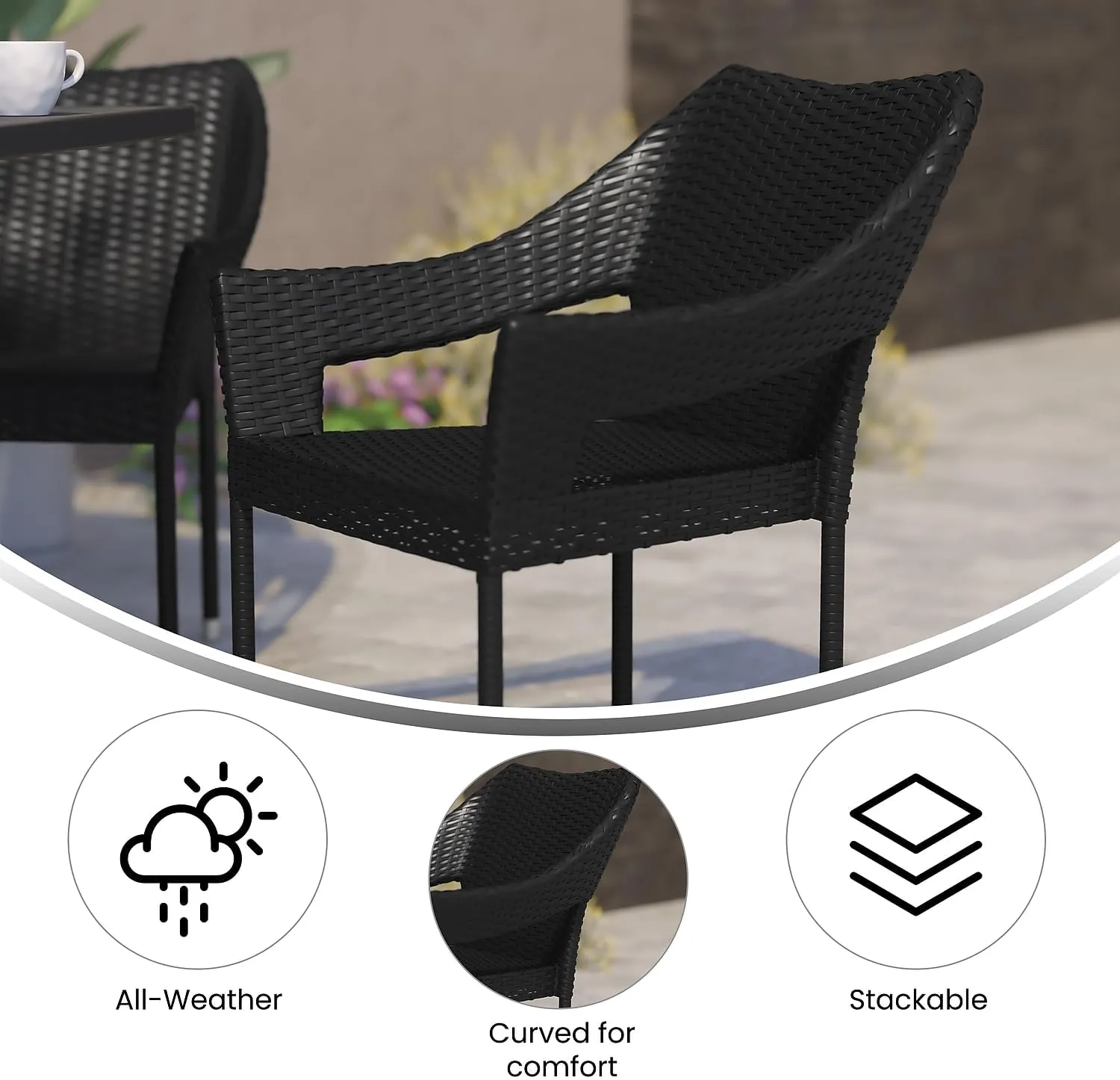 Flash Furniture Ethan Commercial Grade Patio Chair, All Weather PE Rattan Wicker Stacking Patio Dining Chair, Set of 2, Black