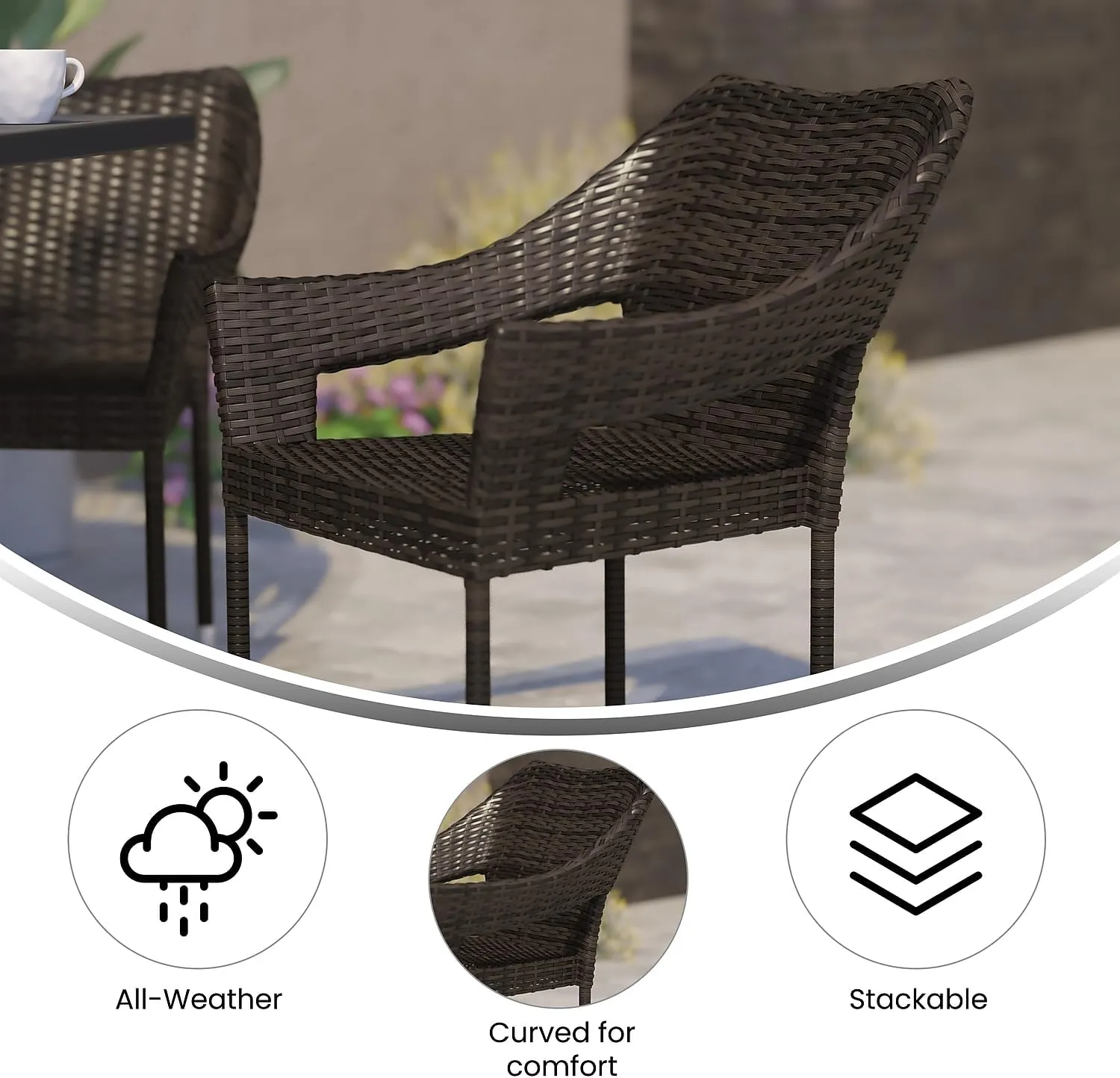 Flash Furniture Ethan Commercial Grade Patio Chair, All Weather PE Rattan Wicker Stacking Patio Dining Chair, Set of 2, Espresso