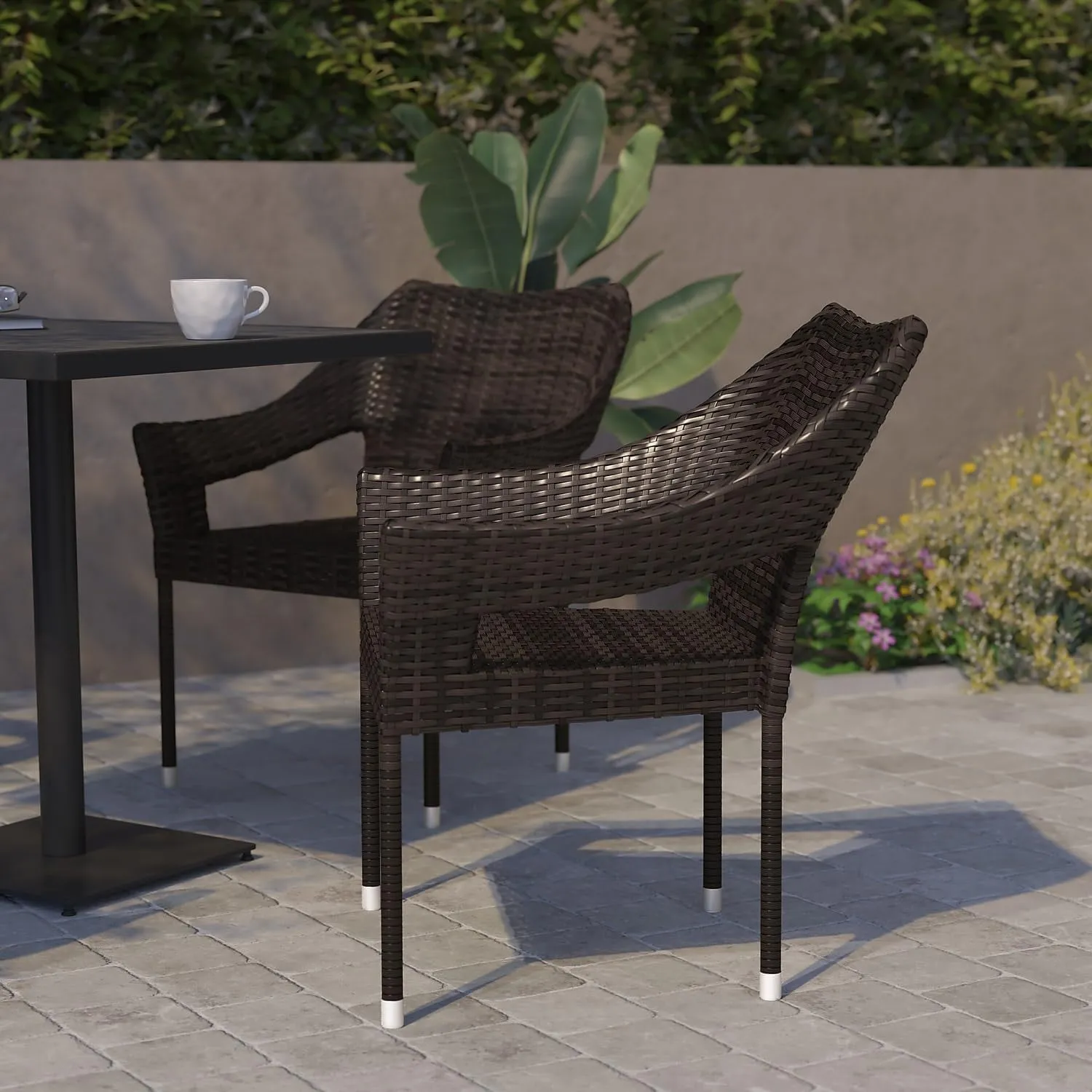 Flash Furniture Ethan Commercial Grade Patio Chair, All Weather PE Rattan Wicker Stacking Patio Dining Chair, Set of 2, Espresso