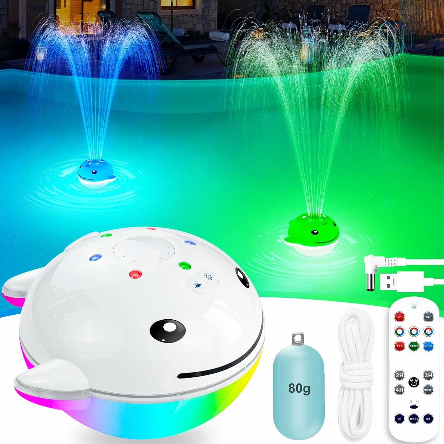 Floating Pool Fountain with Remote, Whale Pool Fountain with Lights, Rechargeable Above Ground Pool Water Fountains Waterfall, Swimming Floating Fountains for Inground Pool-1PC,White