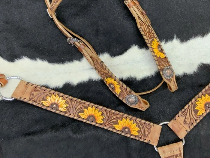 Floral tooled painted sunflower tack set