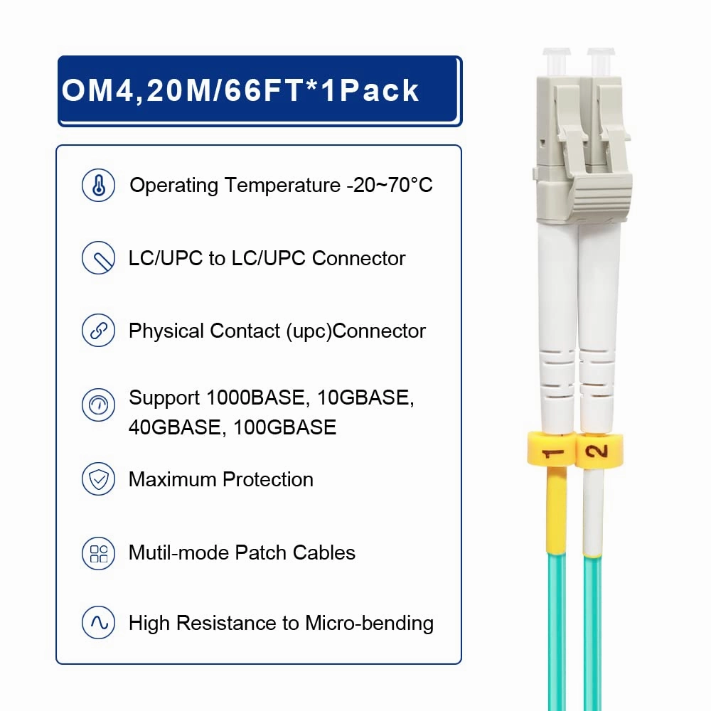 FLYPROFiber- LC to LC OM4 Fiber Patch Cable 20M, Length Options: 0.2m-100m, Duplex 50/125um Multimode Fiber Optic Cables LSZH 40GB/100GB-20M (66ft)