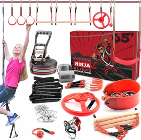 Fofana Ninja Warrior Obstacle Course for Kids - 11 Obstacles, 65 Ft Slackline, Climbing Ladder, Spinning Wheel, Gym Rings, Monkey Bars, Pulley & Swing Sets for Backyard - Outdoor Zip Line for Kids