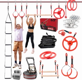 Fofana Ninja Warrior Obstacle Course for Kids – 32-Piece Backyard Playset, 9 Fun Training Obstacles, 65 Ft Slackline Kit Accessories - Outside Line Ninja Kids Toys, Outdoor Play Equipment, Jungle Gym