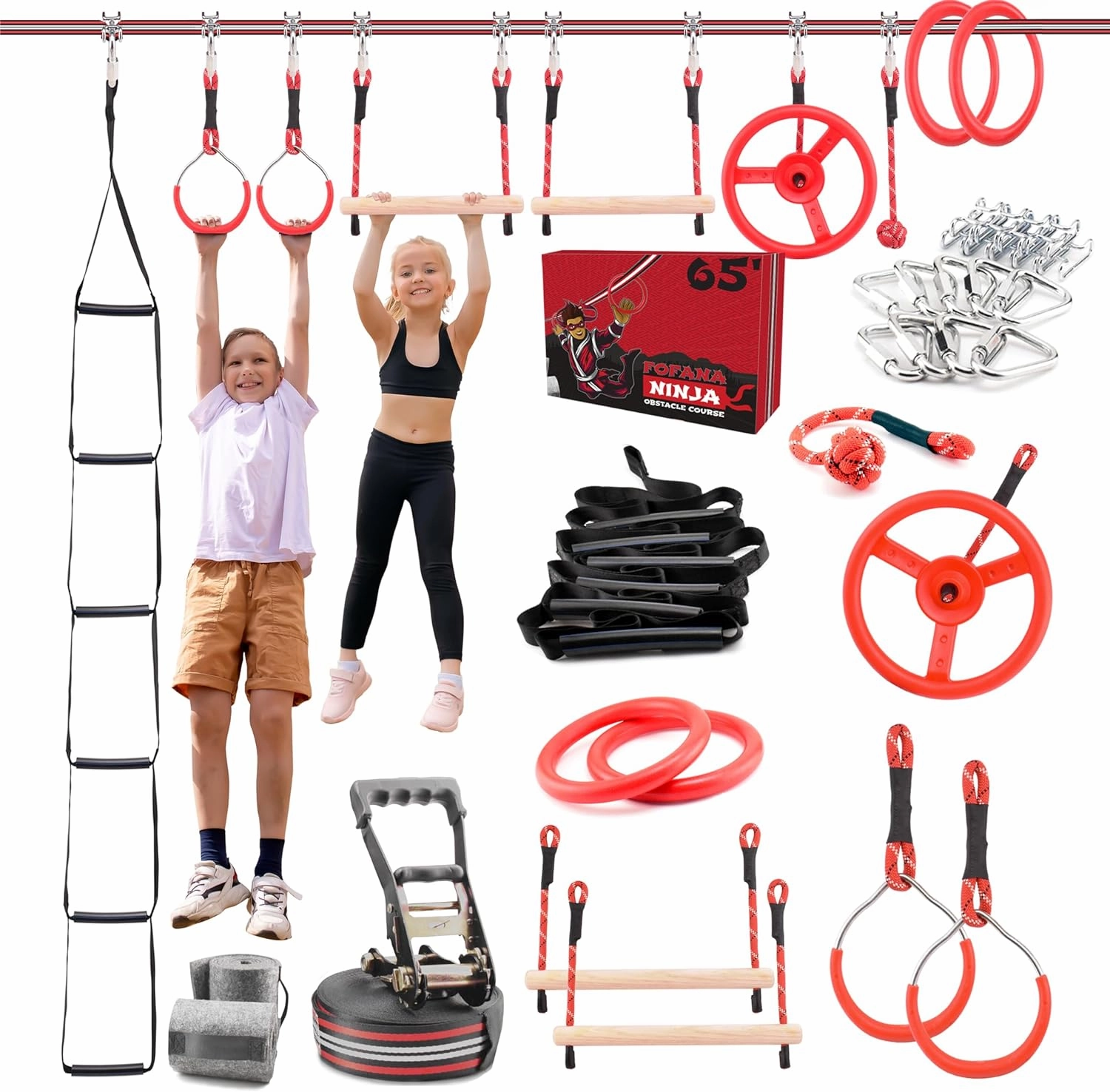 Fofana Ninja Warrior Obstacle Course for Kids – 32-Piece Backyard Playset, 9 Fun Training Obstacles, 65 Ft Slackline Kit Accessories - Outside Line Ninja Kids Toys, Outdoor Play Equipment, Jungle Gym
