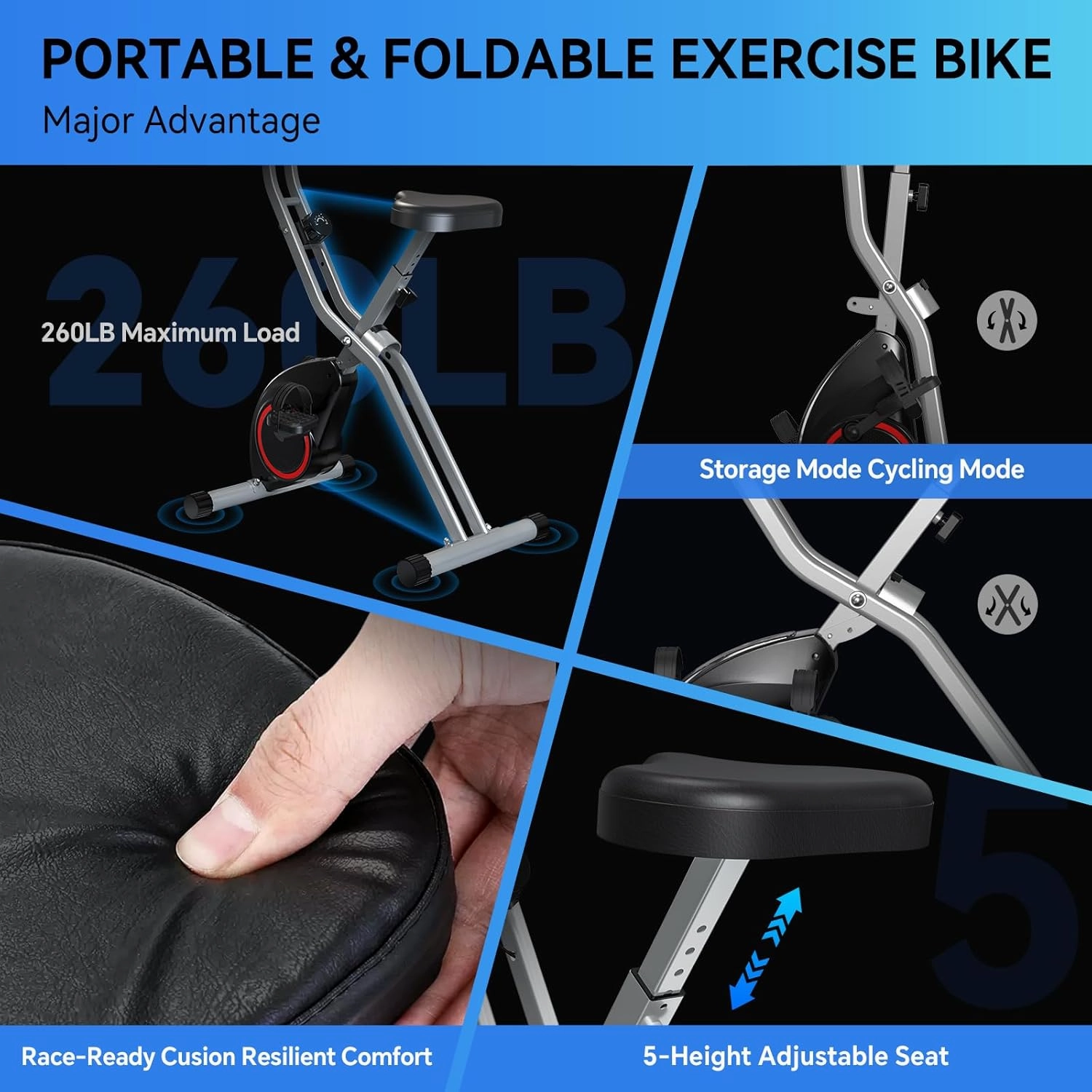 Foldable Exercise Bike for Small Apartments, Stationary Bikes for Home, Indoor Portable Cycling Bike with 16-Level Magnetic Resistance, 260LBS Capacity, 5.5 LBS Flywheel, Designed for Small Space Workout 816
