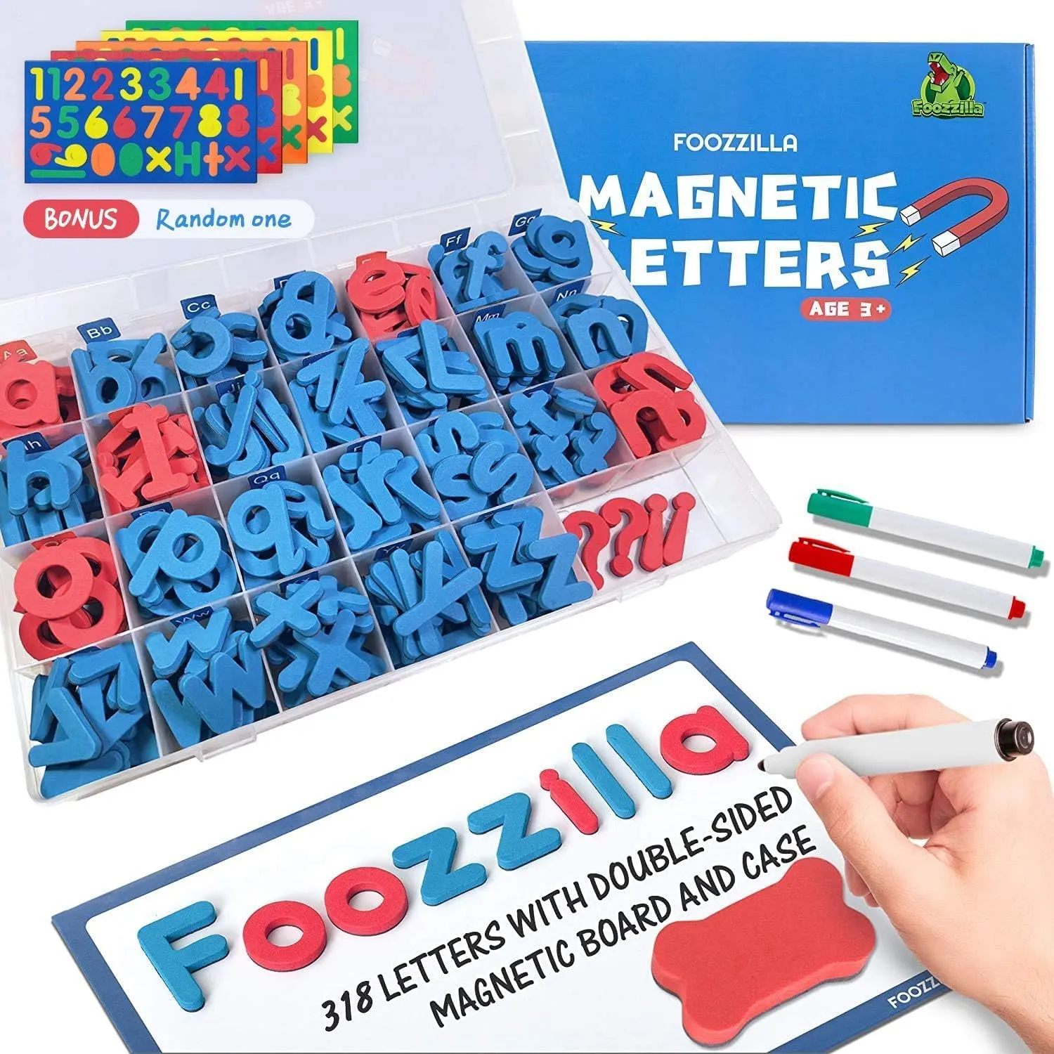 FOOZZILLA Magnetic Letters and Numbers Kit 286 Pcs with Double Side Magnetic Board - Foam Alphabet Letters for Kids Learning ABC and Classroom Educactional Spelling with Storage Box