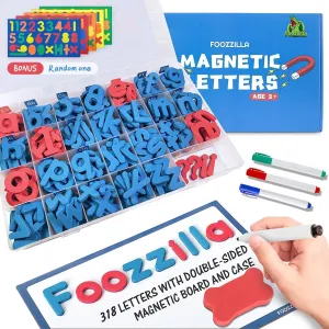 FOOZZILLA Magnetic Letters and Numbers Kit 286 Pcs with Double Side Magnetic Board - Foam Alphabet Letters for Kids Learning ABC and Classroom Educactional Spelling with Storage Box