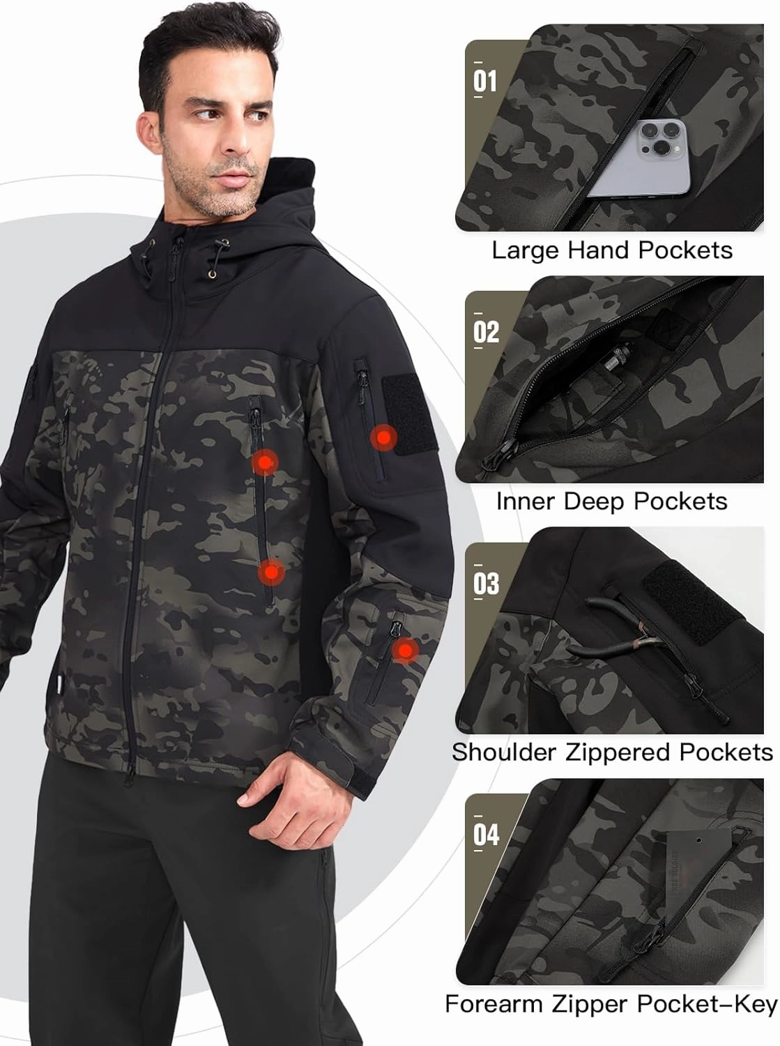 FREE SOLDIER Men's Outdoor Waterproof Soft Shell Hooded Military Tactical Jacket