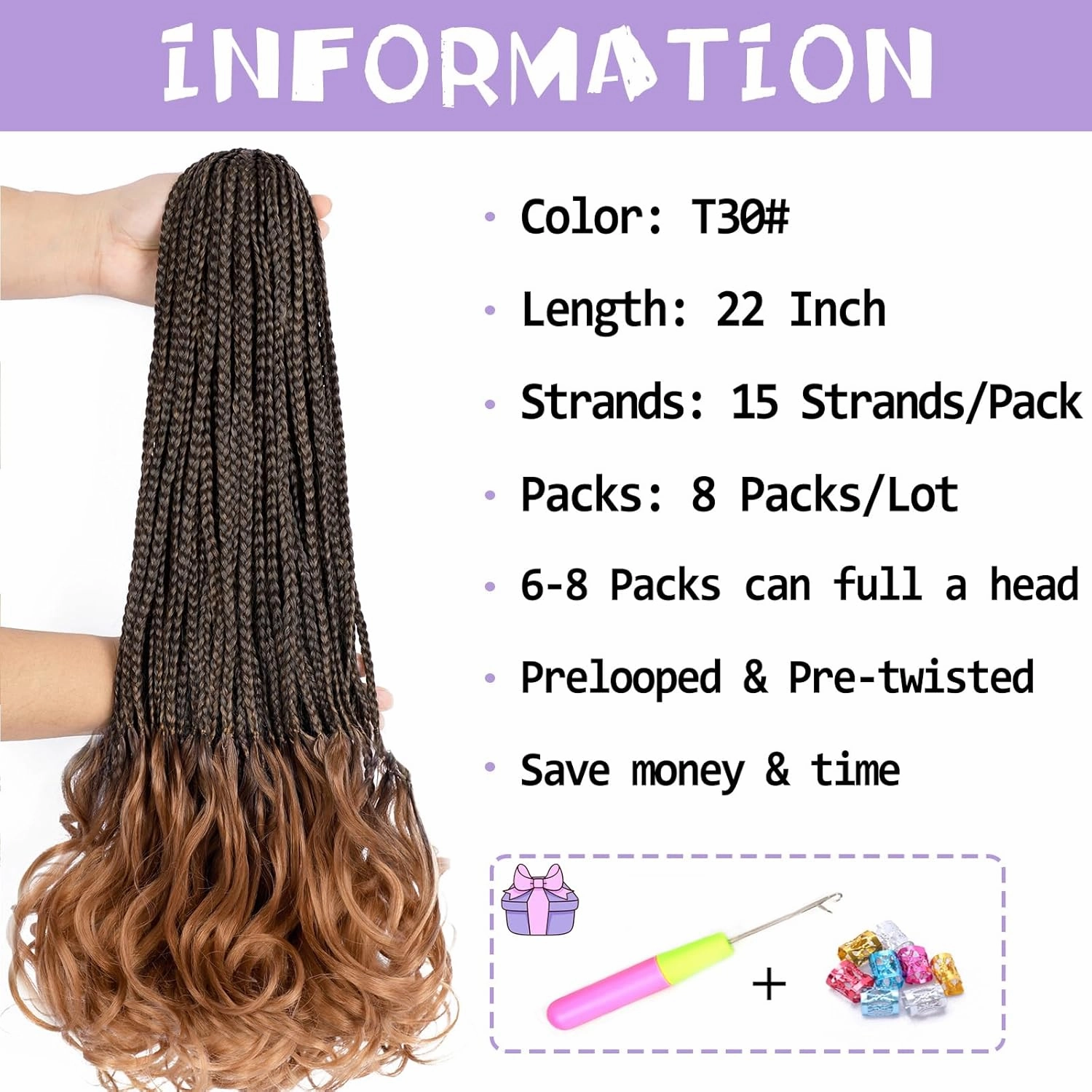 French Curl Goddess Box Braids 22 Inch 8 Packs Pre Looped Crochet Box Braids with Curly Ends Synthetic French Curly Braiding Hair Extensions (1B/30)