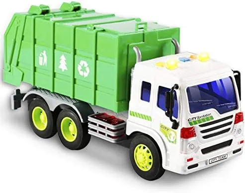 Friction Powered Garbage Truck Toys 1:16 Toy Vehicle with Lights and Sounds for Kids