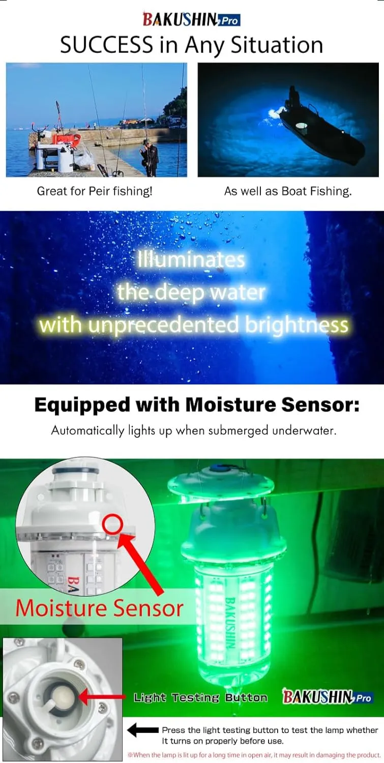 FUNKS Underwater Fishing Light LED Rechargeable Submersible Battery Powered Night Fishing Portable Cordless Fish Attracting Light Bakushin Pro