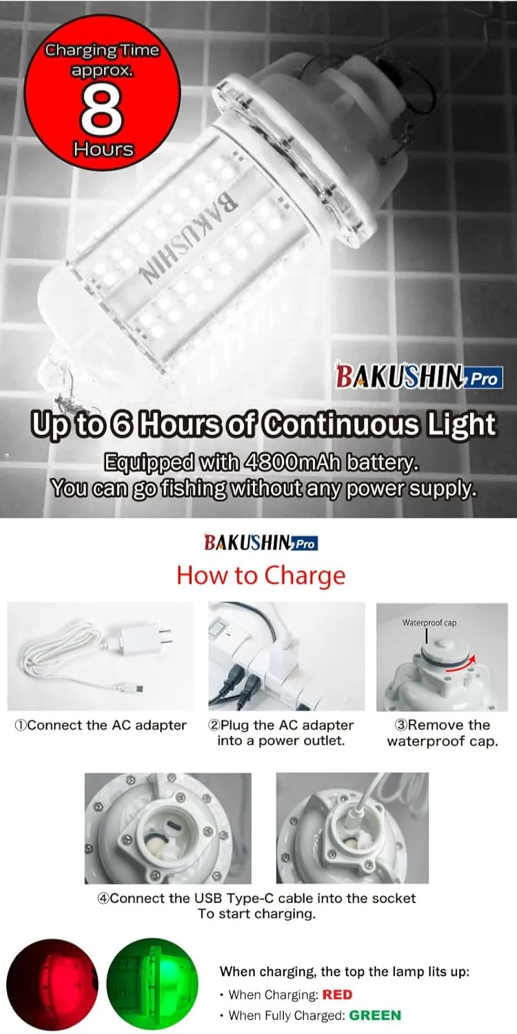 FUNKS Underwater Fishing Light LED Rechargeable Submersible Battery Powered Night Fishing Portable Cordless Fish Attracting Light Bakushin Pro