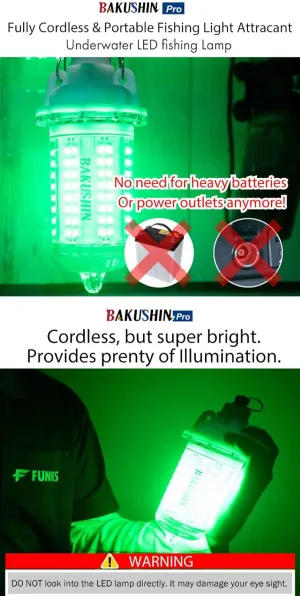 FUNKS Underwater Fishing Light LED Rechargeable Submersible Battery Powered Night Fishing Portable Cordless Fish Attracting Light Bakushin Pro
