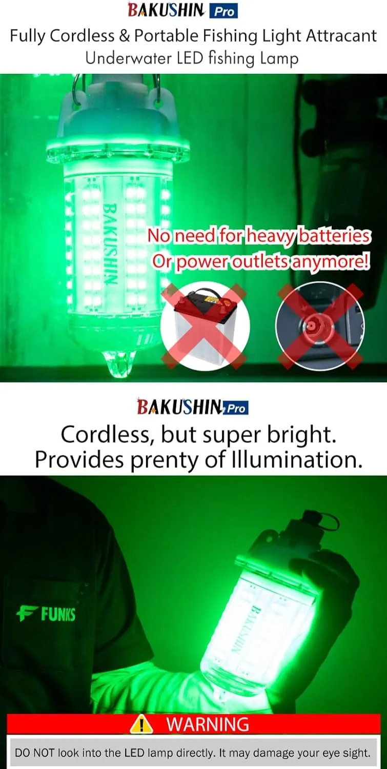 FUNKS Underwater Fishing Light LED Rechargeable Submersible Battery Powered Night Fishing Portable Cordless Fish Attracting Light Bakushin Pro