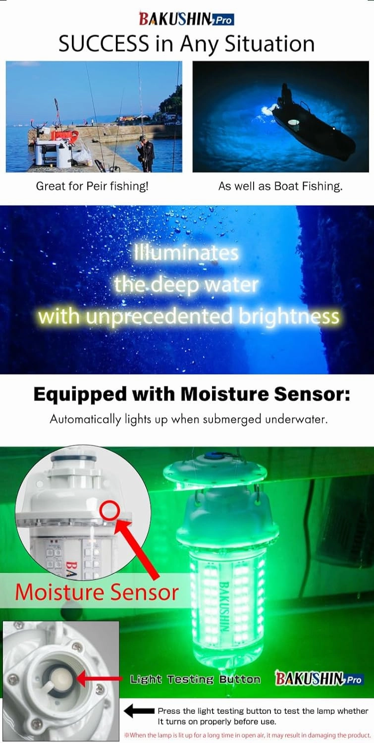 FUNKS Underwater Fishing Light LED Rechargeable Submersible Battery Powered Night Fishing Portable Cordless Fish Attracting Light Bakushin Pro