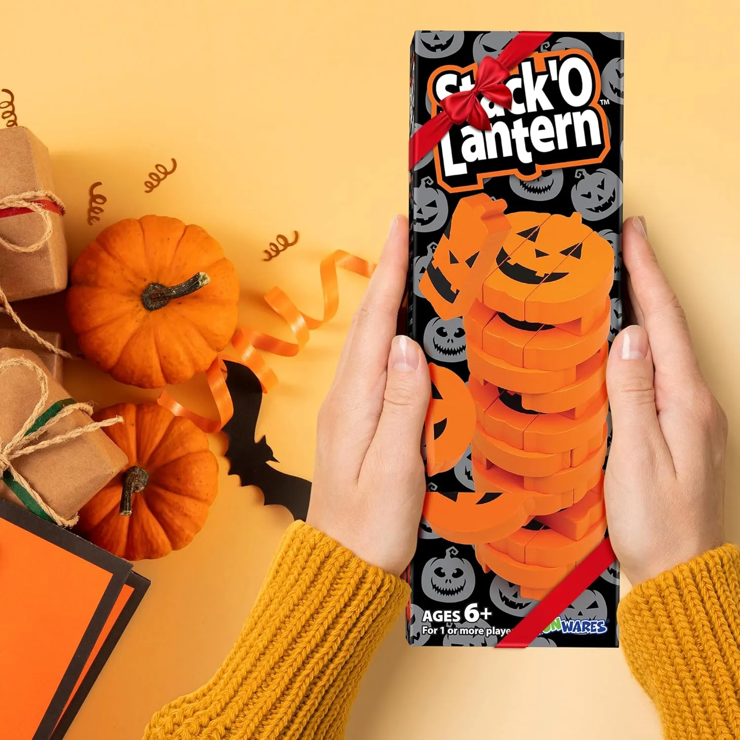 Funwares Wooden Blocks Stacking Game, Tumbling Tower and Balance Game, Family & Party Fun, Game for Kids and Adults, Ages 6 , Stack 'O Lantern, The Fall Pumpkin-Themed Wood Blocks Stacking Game