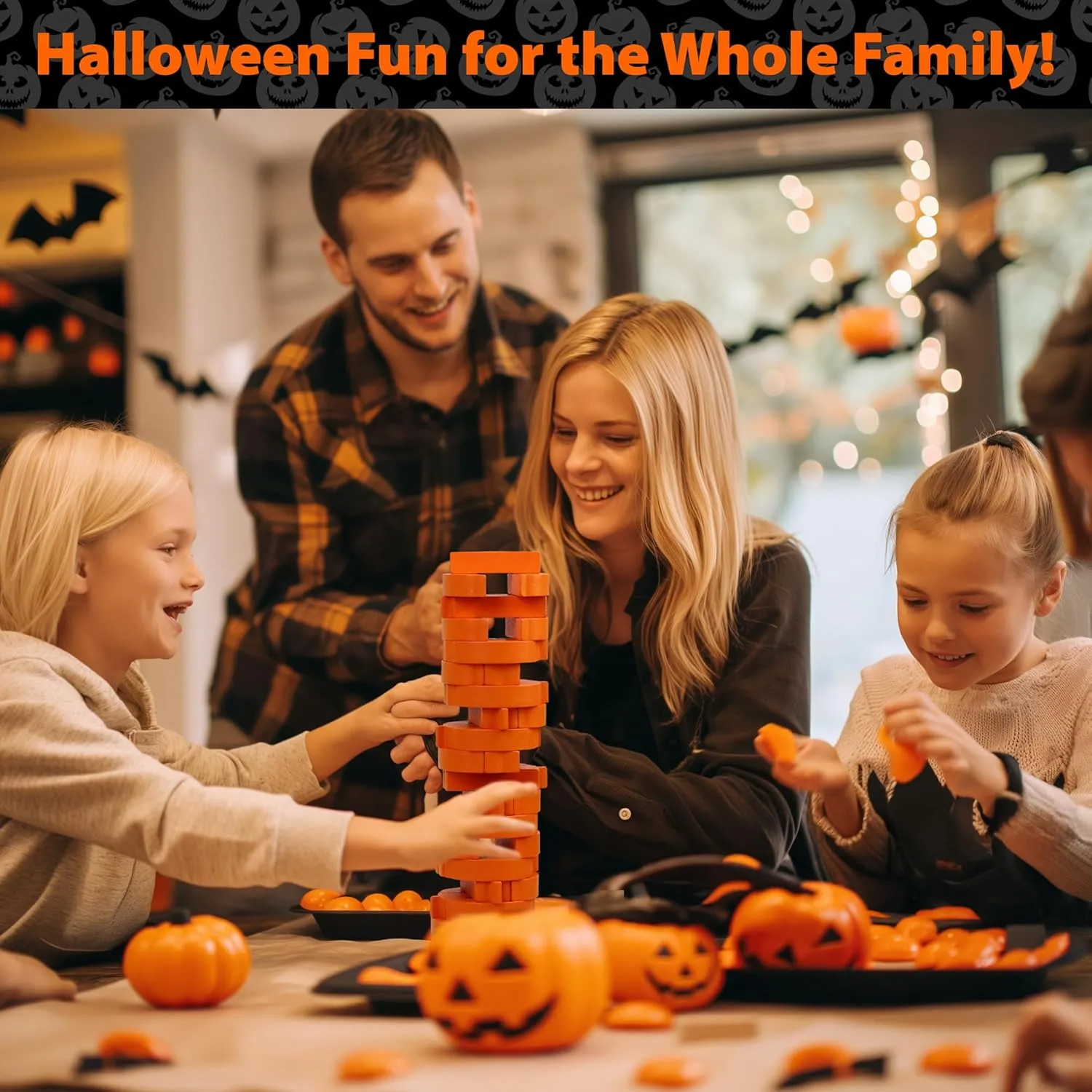 Funwares Wooden Blocks Stacking Game, Tumbling Tower and Balance Game, Family & Party Fun, Game for Kids and Adults, Ages 6 , Stack 'O Lantern, The Fall Pumpkin-Themed Wood Blocks Stacking Game