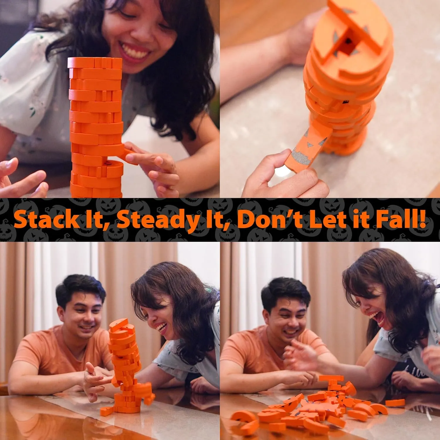 Funwares Wooden Blocks Stacking Game, Tumbling Tower and Balance Game, Family & Party Fun, Game for Kids and Adults, Ages 6 , Stack 'O Lantern, The Fall Pumpkin-Themed Wood Blocks Stacking Game