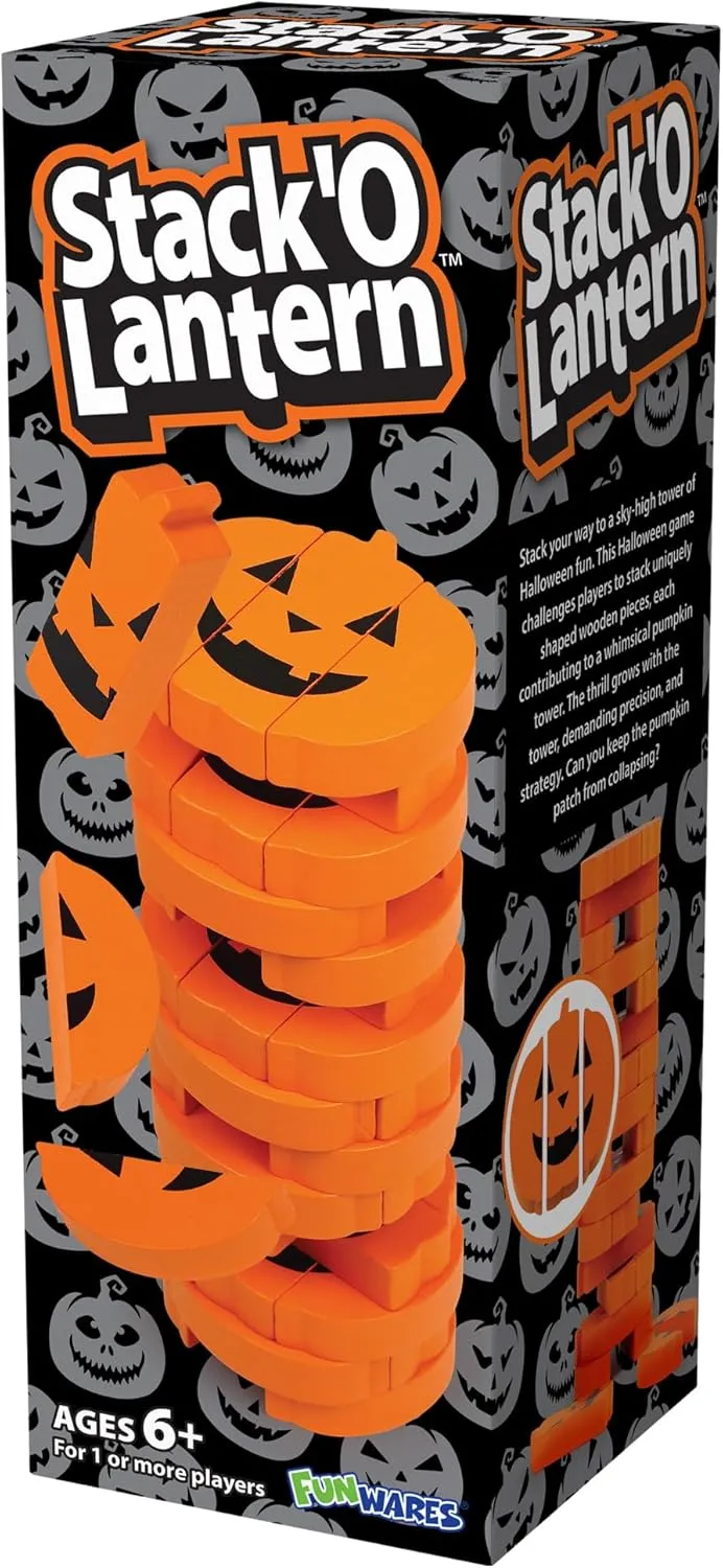 Funwares Wooden Blocks Stacking Game, Tumbling Tower and Balance Game, Family & Party Fun, Game for Kids and Adults, Ages 6 , Stack 'O Lantern, The Fall Pumpkin-Themed Wood Blocks Stacking Game