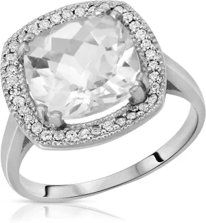 Galaxy Gold GG 14K Solid White Gold Cushion Cut 5.2 CTW Ring with Natural Diamonds and Natural White Topaz