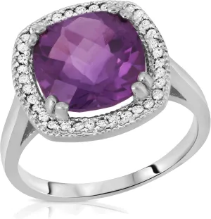 Galaxy Gold GG Sterling Silver 925 Cushion Cut 3.8 CTW Ring with Natural Diamonds and Natural Purple Amethyst (10.0) 0