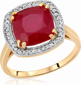 Galaxy Gold GG 14K Solid Yellow Gold Cushion Cut Genuine Brilliant Grade AAA Ruby Ring 6.9 CTW with Natural Diamonds