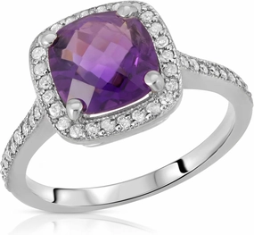 Galaxy Gold GG Sterling Silver 925 Cushion Cut 2.15 CTW Ring with Natural Diamonds and Natural Purple Amethyst (10.0) 0