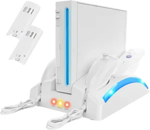 Game Organizer Station for Wii Remote Charger, Charging Dock Station for Controller, Wii Stand with 2 Pcs Rechargeable Battery for Wii Console Nunchuk Game Accessories Kit Storage
