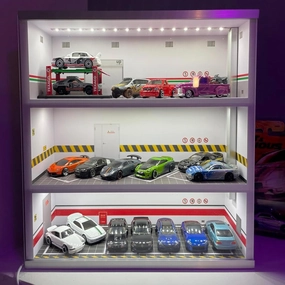 Garage Display Case with LED Lights - Model Car Display for 1:64 Scale, Mini Car Parking Scene, Collectible Gift Decoration, 3-Layer Model Car Parking Lot Garage.