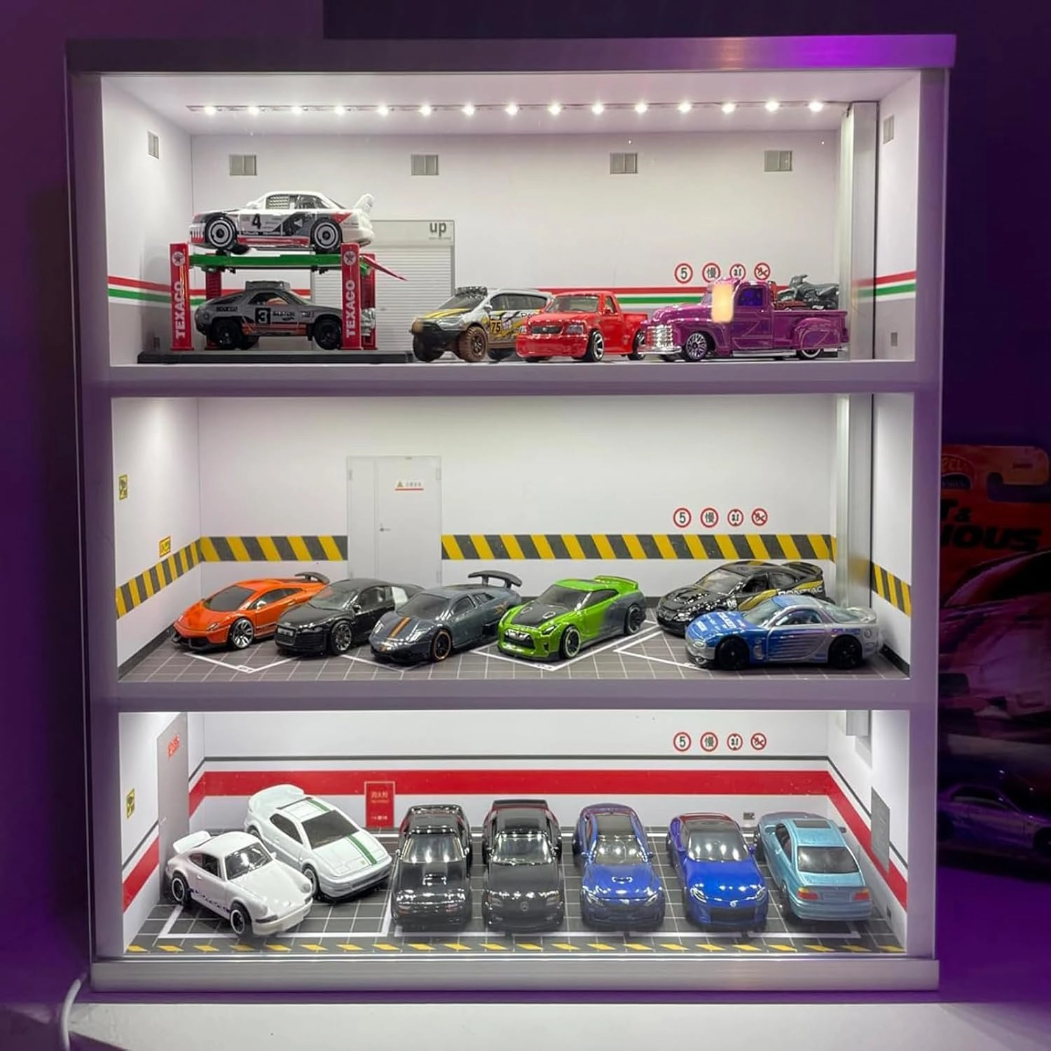 Garage Display Case with LED Lights - Model Car Display for 1:64 Scale, Mini Car Parking Scene, Collectible Gift Decoration, 3-Layer Model Car Parking Lot Garage.