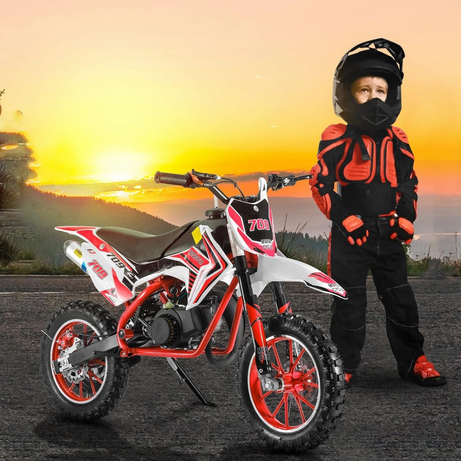 Gas-Powered 49cc Kids Dirt Bike with 2-Stroke Engine, Mini Motocross with Dual Disc Brakes, Wear-Resistant Off-Road Tires, Shock Absorption, Ideal for Beginners and Young Riders Red