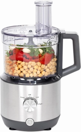 GE Food Processor | 12 Cup | Complete With 3 Feeding Tubes & Stainless Steel Accessories - 3 Discs   Dough Blade | 3 Speed | Great for Shredded Cheese, Chicken & More | Kitchen Essentials | 550 Watts