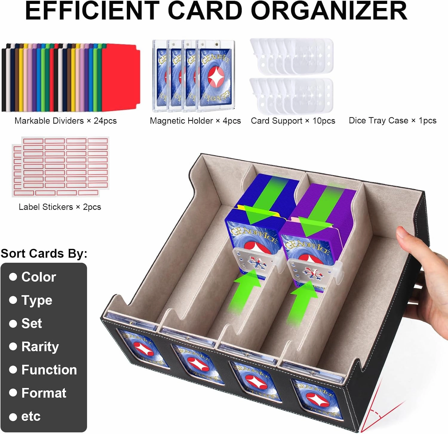 GEAoffice Trading Card Storage Box with Commander Display, 3200  Card Deck Case with Magnetic Removable Lid, 4-Row Deck Box for MTG/TCG/Sports/Games, 10 Stoppers, 24 Dividers, 1 Dice Tray, Black Grey